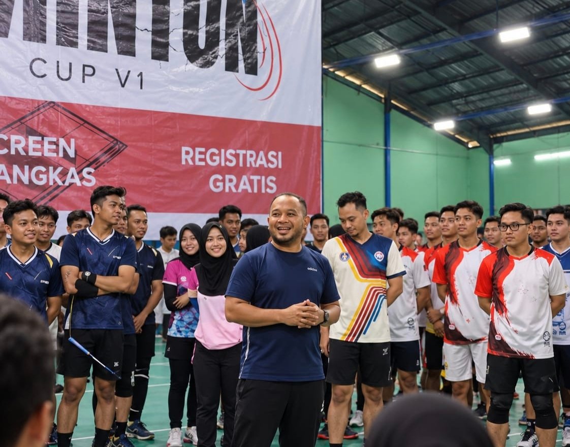 DARI V1 MENUJU V2 — Ilustrasi suasana kebersamaan peserta Mel's Cup V1 tahun 2025 di Green Tangkas, Banjarmasin. Berawal dari 30 pasangan, turnamen bulu tangkis antarinsan kesehatan ini kembali digelar pada 17–18 Oktober 2026 di GOR Ekso, Banjarmasin, dengan semangat mempererat silaturahmi dan persaudaraan lintas institusi. (Ilustrasi hasil olahan digital dari dokumentasi Mel's Cup V1)